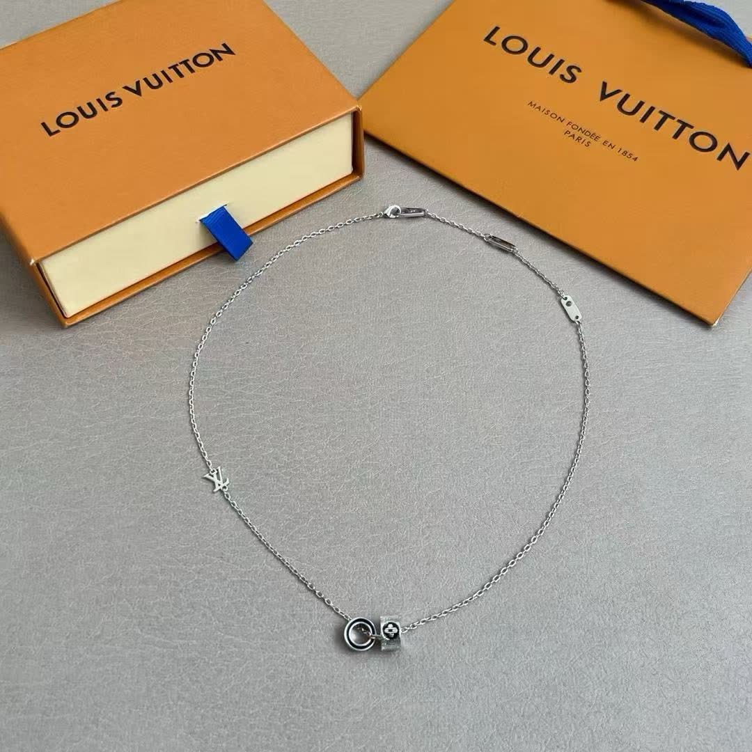 Louis Vuitton Silver Chain Necklace with Logo Charm